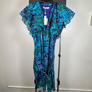 Trina Turk Asymmetrical Dress in Blue and Green Floral